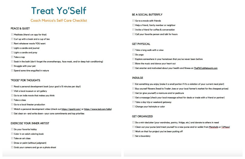 Treat Yo-Self! Coach Monica's Self Care Checklist | TheFitClubNetwork.com